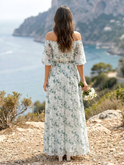 Robe de Demoiselle d'Honneur Longueur Sol A-Line à Épaules Dénudées et Manches au Coude avec Plis