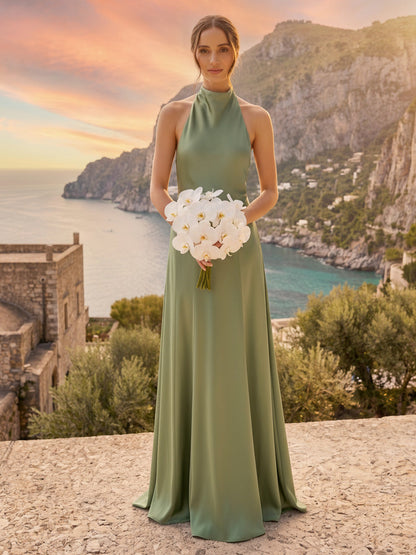 Robe de Demoiselle d'Honneur Longueur Sol A-Line à Licou Sans Manches avec Fronces