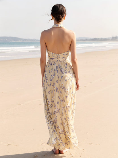 Robe de Demoiselle d'Honneur Trapèze/Princesse Col Licou Sans Manches Longueur Sol à Plis