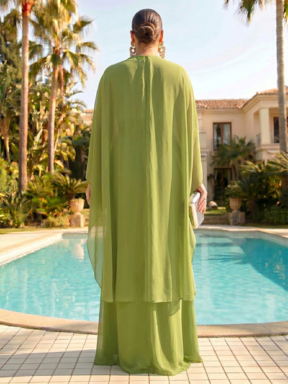 Robe de Demoiselle d'Honneur Grande Taille Fourreau/Colonne, Col Haut, Longueur Sol à Fronces & Style Cape