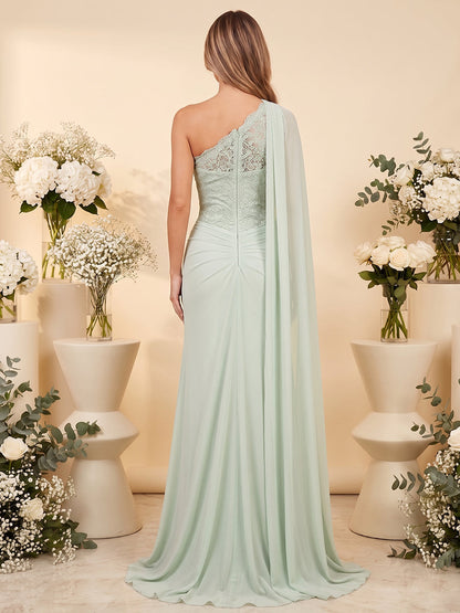 Robe de Demoiselle d'Honneur Longue Ligne A/Princesse, Col Foulard Une Épaule, avec Appliqués & Fronces
