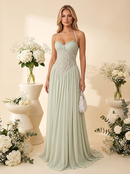 Robe de Demoiselle d'Honneur Ligne A/Princesse Dos Nu, Sans Manches, Longueur Sol avec Appliqués & Plis