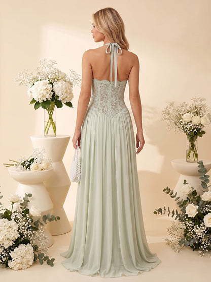 Robe de Demoiselle d'Honneur Ligne A/Princesse Dos Nu, Sans Manches, Longueur Sol avec Appliqués & Plis