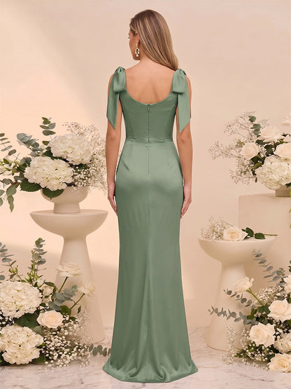 Robe de Demoiselle d'Honneur Grande Taille Trompette/Sirène, Col Bénitier, Sans Manches, Longueur Sol avec Nœud & Fronces