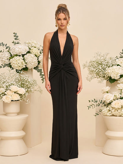 Robe de Demoiselle d'Honneur Fourreau/Colonne Dos Nu, Sans Manches, Longueur Sol à Fronces