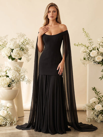 Robe de Demoiselle d'Honneur Ligne A/Princesse, Épaules Dénudées, Longueur Sol à Plis