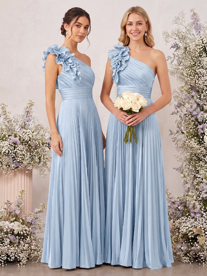 Robes de demoiselle d'honneur trapèze/princesse, asymétriques, à une épaule, sans manches, longues, avec volants et plis
