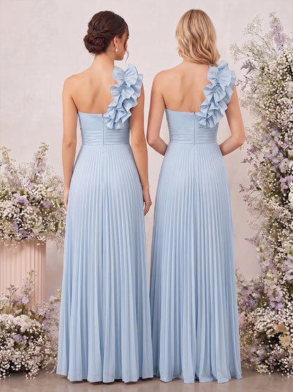 Robes de demoiselle d'honneur trapèze/princesse, asymétriques, à une épaule, sans manches, longues, avec volants et plis