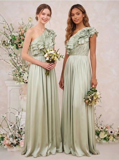 Robes de demoiselle d'honneur trapèze/princesse, asymétriques, à une épaule, longues, avec volants et plis