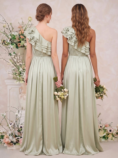 Robes de demoiselle d'honneur trapèze/princesse, asymétriques, à une épaule, longues, avec volants et plis