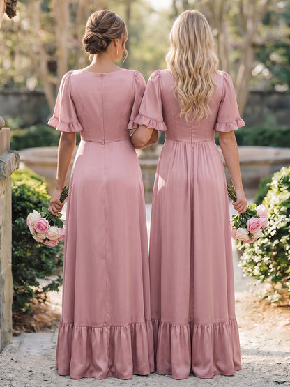 Robes de demoiselle d'honneur trapèze/princesse, longues, à manches courtes et col en V, avec volants et fente latérale