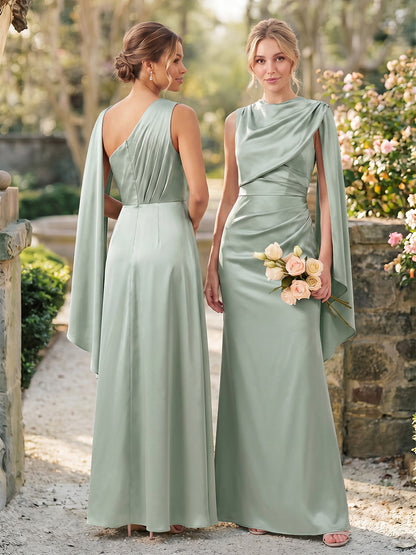 Robes de demoiselle d'honneur trapèze/princesse, asymétriques, sans manches, à décolleté rond et fronces