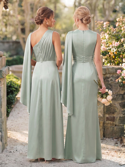 Robes de demoiselle d'honneur trapèze/princesse, asymétriques, sans manches, à décolleté rond et fronces