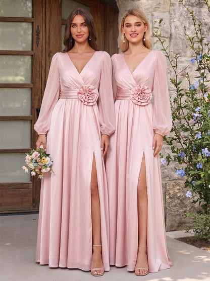 Robe de demoiselle d'honneur coupe trapèze/princesse, col en V, manches longues, longueur au sol, avec fente latérale et fleurs en 3D