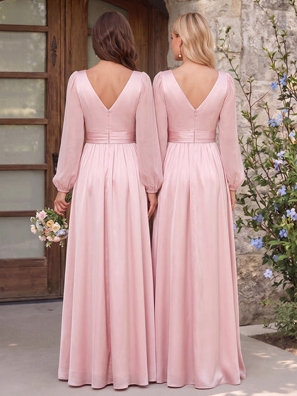 Robe de demoiselle d'honneur coupe trapèze/princesse, col en V, manches longues, longueur au sol, avec fente latérale et fleurs en 3D