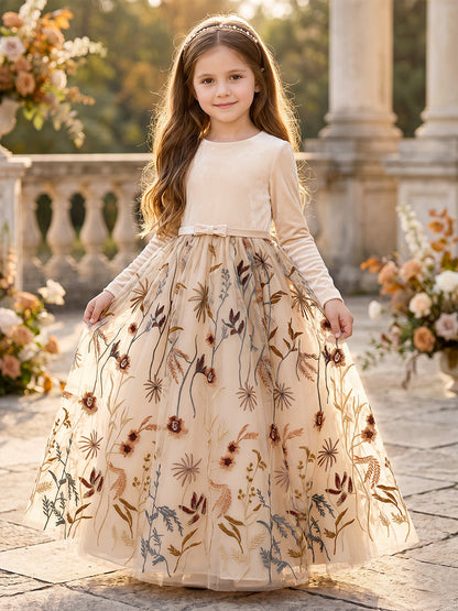 Robes pour demoiselle d'honneur (enfant) en velours, coupe trapèze/princesse, encolure ronde, manches longues, longueur au sol, avec broderies