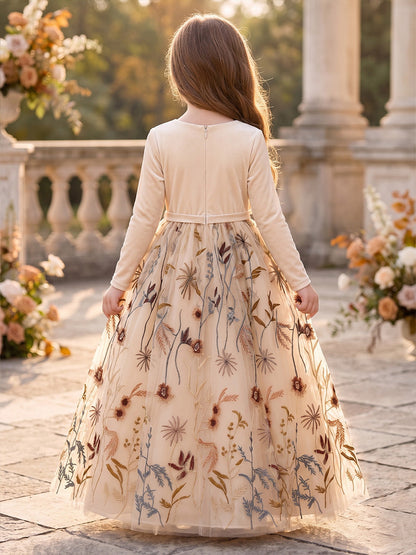 Robes pour demoiselle d'honneur (enfant) en velours, coupe trapèze/princesse, encolure ronde, manches longues, longueur au sol, avec broderies