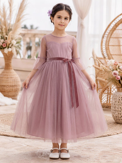 Robes pour demoiselle d'honneur (enfant) en tulle, coupe trapèze/princesse, encolure ronde, manches mi-longues, longueur cheville, avec ceinture