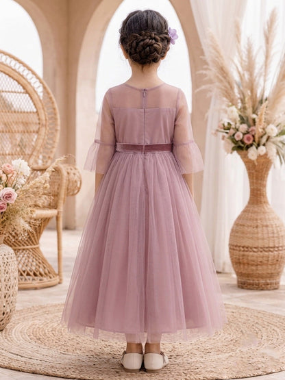 Robes pour demoiselle d'honneur (enfant) en tulle, coupe trapèze/princesse, encolure ronde, manches mi-longues, longueur cheville, avec ceinture