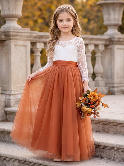 Robes pour demoiselle d'honneur (enfant) en tulle, coupe trapèze/princesse, encolure ronde, manches longues, longueur cheville, avec dentelle