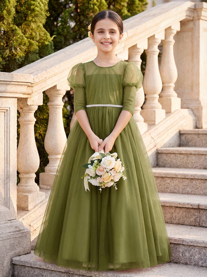 Robes pour demoiselle d'honneur (enfant) en tulle, coupe trapèze/princesse, encolure ronde, manches mi-longues, longueur au sol, avec ceinture