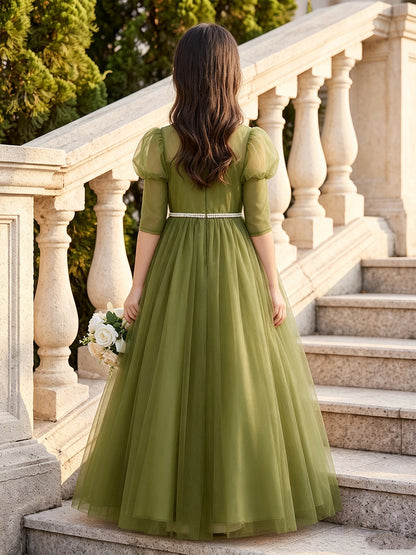Robes pour demoiselle d'honneur (enfant) en tulle, coupe trapèze/princesse, encolure ronde, manches mi-longues, longueur au sol, avec ceinture