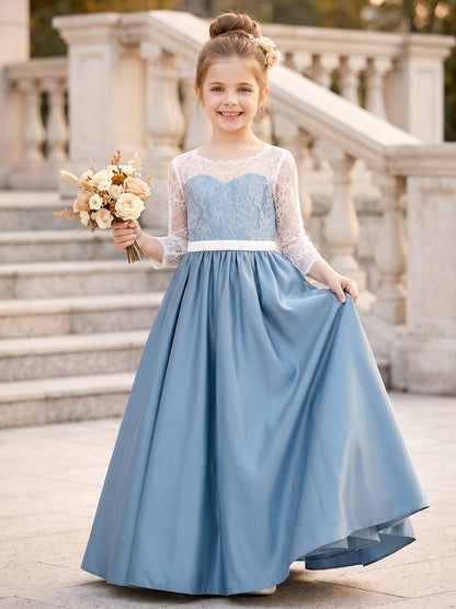 Robes pour demoiselle d'honneur (enfant) en satin, coupe trapèze/princesse, encolure ronde, manches 3/4, longueur au sol, avec dentelle