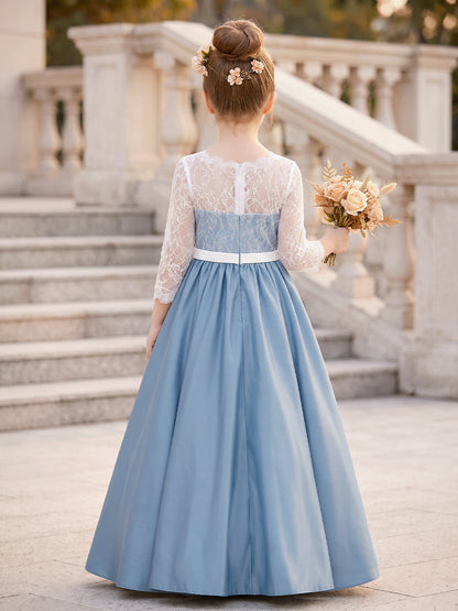 Robes pour demoiselle d'honneur (enfant) en satin, coupe trapèze/princesse, encolure ronde, manches 3/4, longueur au sol, avec dentelle