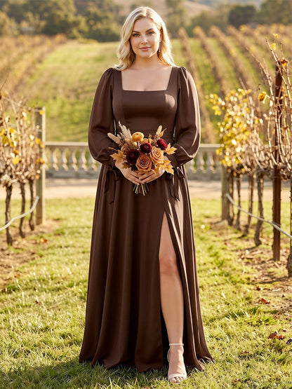 Robes de demoiselle d'honneur grande taille en satin, coupe trapèze/princesse, encolure carrée, manches longues, longueur au sol, avec nœuds