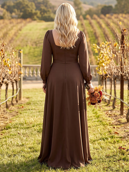 Robes de demoiselle d'honneur grande taille en satin, coupe trapèze/princesse, encolure carrée, manches longues, longueur au sol, avec nœuds