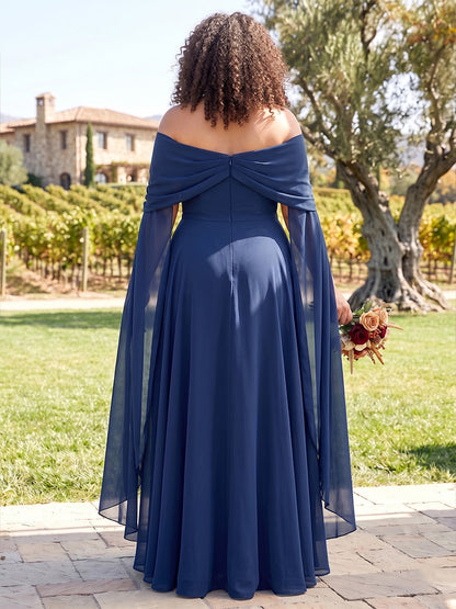 Robes grande taille pour demoiselle d'honneur en mousseline, coupe trapèze/princesse, épaules dénudées, manches courtes, longueur au sol, avec plis