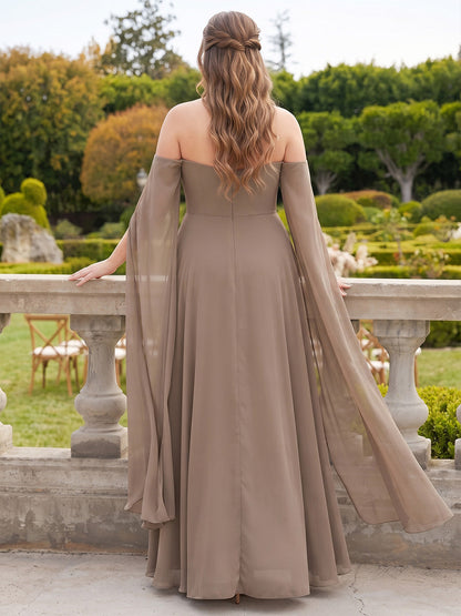 Robes grande taille pour demoiselle d'honneur en mousseline, coupe trapèze/princesse, épaules dénudées, sans manches, longueur au sol, avec traîne Watteau