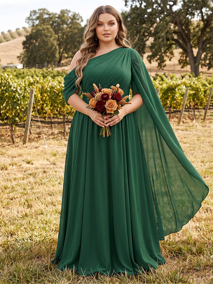 Robes grande taille pour demoiselle d'honneur en mousseline, coupe trapèze/princesse, asymétrique (une épaule), sans manches, longueur au sol, avec châle