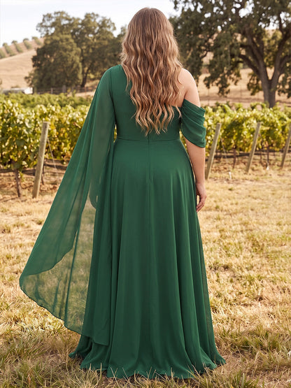 Robes grande taille pour demoiselle d'honneur en mousseline, coupe trapèze/princesse, asymétrique (une épaule), sans manches, longueur au sol, avec châle