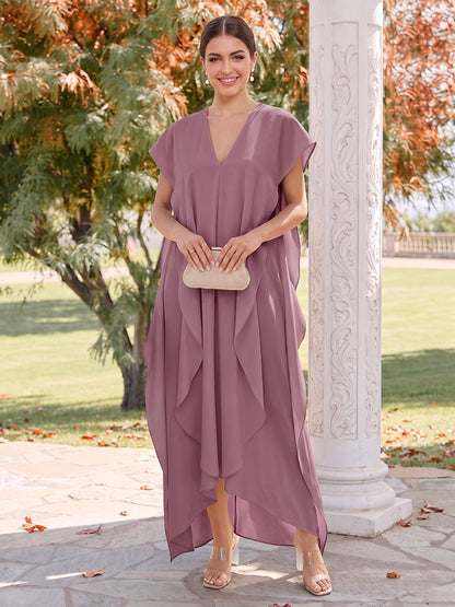 Robes pour demoiselle d'honneur en mousseline, coupe trapèze/princesse, col en V, manches courtes, longueur cheville, avec volants