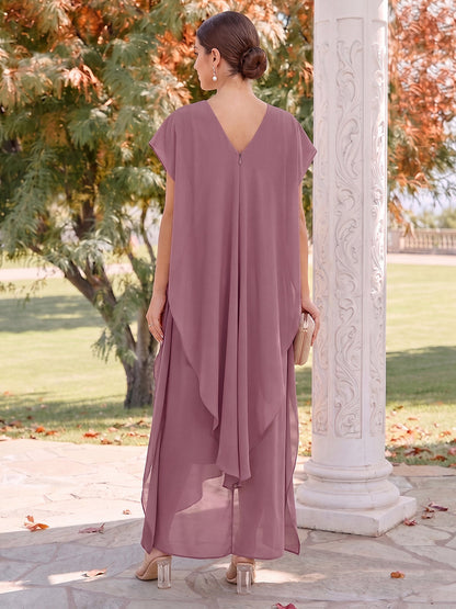 Robes pour demoiselle d'honneur en mousseline, coupe trapèze/princesse, col en V, manches courtes, longueur cheville, avec volants