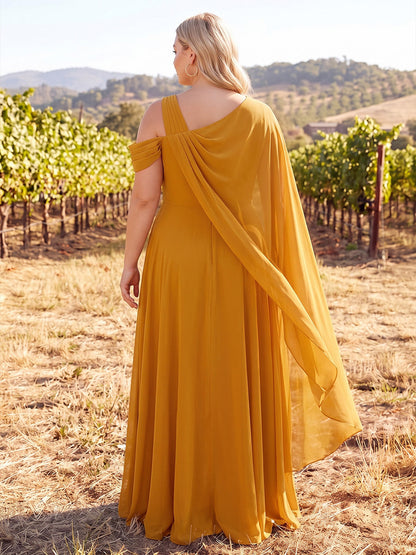 Robes de demoiselle d'honneur grande taille en mousseline, coupe trapèze/princesse, col rond, sans manches, longueur au sol, avec plis