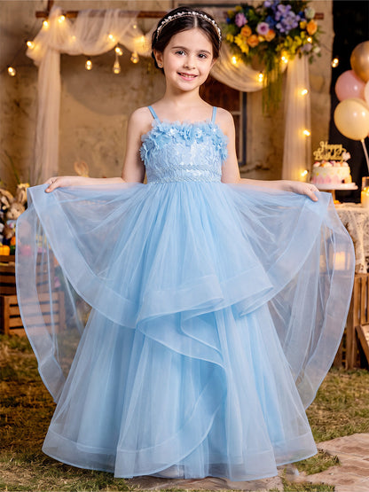 Robes de demoiselle d'honneur enfant en tulle, coupe trapèze/princesse, bretelles fines, sans manches, longueur au sol, avec fleurs 3D et volants