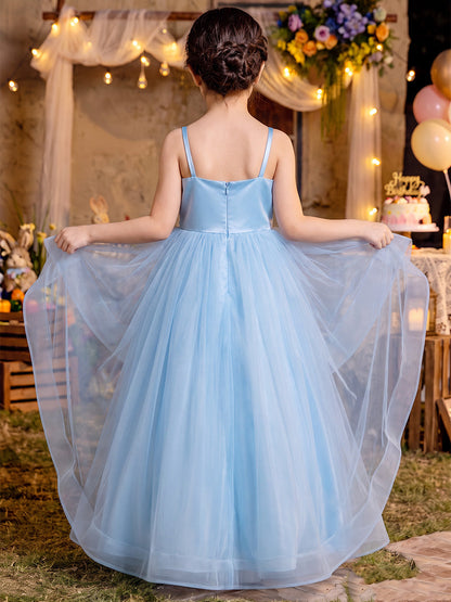 Robes de demoiselle d'honneur enfant en tulle, coupe trapèze/princesse, bretelles fines, sans manches, longueur au sol, avec fleurs 3D et volants