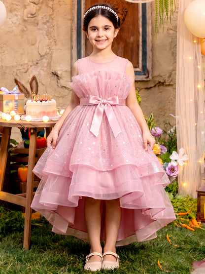 Robes de demoiselle d'honneur enfant à sequins, coupe trapèze/princesse, encolure ronde, sans manches, asymétrique, avec sequins et jupe étagée