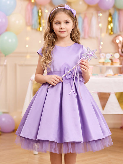 Robes de demoiselle d'honneur enfant en satin, coupe trapèze/princesse, encolure ronde, manches courtes, longueur genou, avec nœud