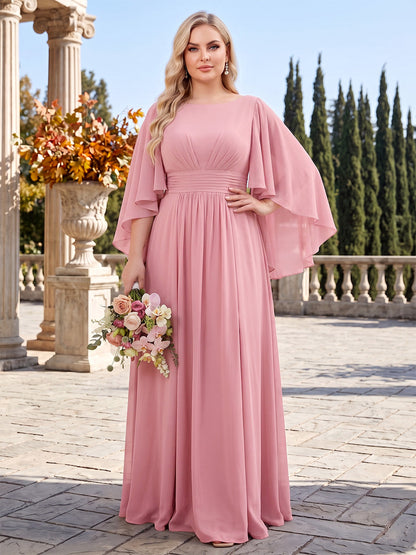 Robes de demoiselle d'honneur en mousseline, coupe trapèze/princesse, encolure ronde, manches 3/4, longueur au sol, grandes tailles, avec plis et volants