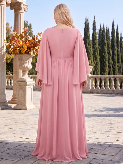 Robes de demoiselle d'honneur en mousseline, coupe trapèze/princesse, encolure ronde, manches 3/4, longueur au sol, grandes tailles, avec plis et volants