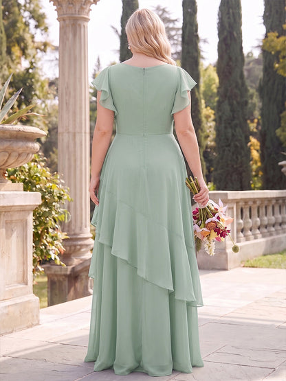 Robes de demoiselle d'honneur en mousseline, coupe trapèze/princesse, col en V, manches courtes, longueur au sol, grandes tailles, avec volants et jupe étagée