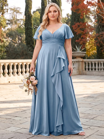 Robes de demoiselle d'honneur en mousseline, coupe trapèze/princesse, col en V, manches courtes, longueur au sol, grandes tailles, avec plis et volants