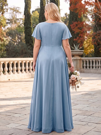 Robes de demoiselle d'honneur en mousseline, coupe trapèze/princesse, col en V, manches courtes, longueur au sol, grandes tailles, avec plis et volants