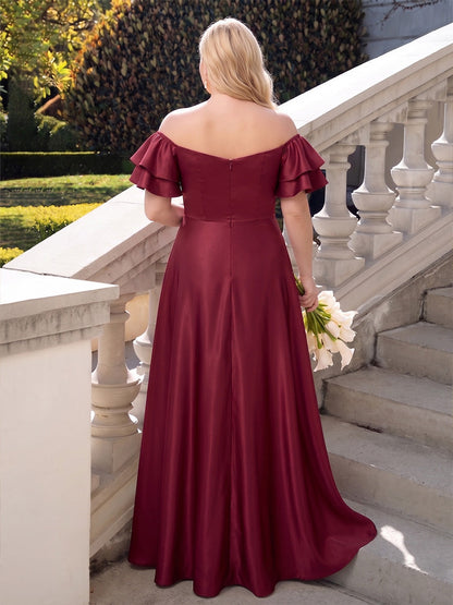 Robes de demoiselle d'honneur en satin, coupe trapèze/princesse, épaules tombantes, manches courtes, longueur au sol, grandes tailles, avec volants et fente latérale