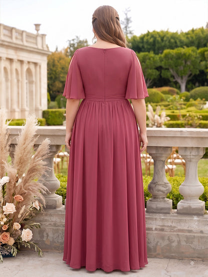Robes de demoiselle d'honneur en mousseline, coupe trapèze/princesse, col en V, demi-manches, longueur au sol, grandes tailles, avec volants et fente latérale
