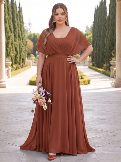 Robes de demoiselle d'honneur en mousseline, coupe trapèze/princesse, col en V, demi-manches, longueur au sol, grandes tailles, avec plis et volants