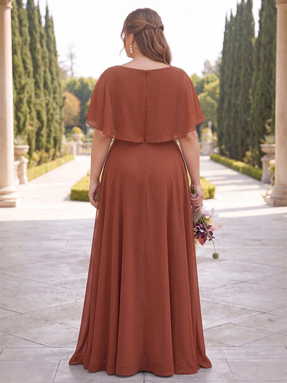 Robes de demoiselle d'honneur en mousseline, coupe trapèze/princesse, col en V, demi-manches, longueur au sol, grandes tailles, avec plis et volants